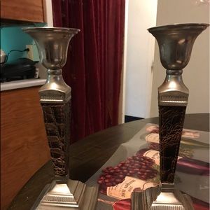Silver with leather candle stick holders